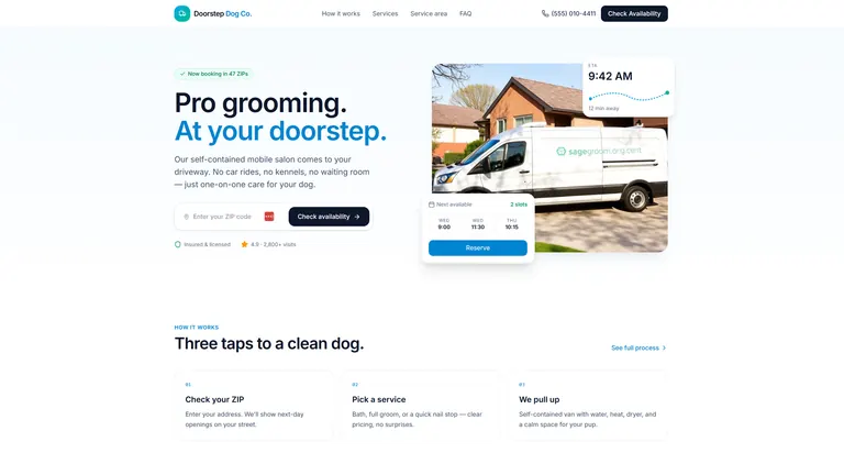 Doorstep Dog Co mobile grooming website style homepage screenshot