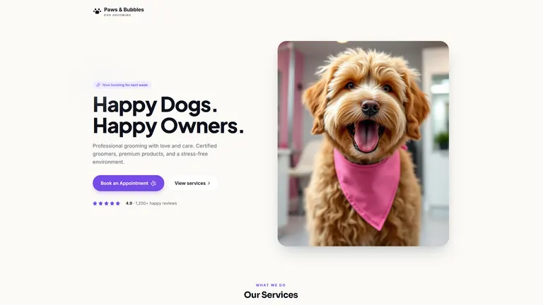 Happy Paws Grooming friendly local pet business website style screenshot