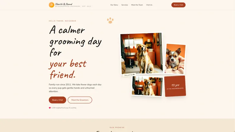 Hearth and Hound warm neighborhood dog grooming website style screenshot