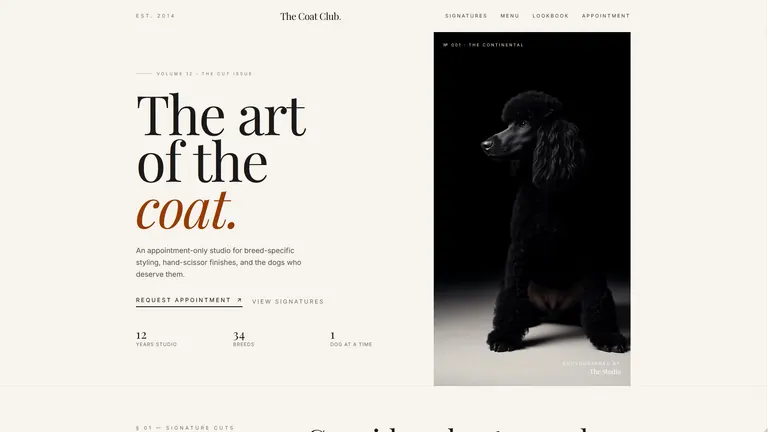 The Coat Club premium pet grooming website style homepage screenshot