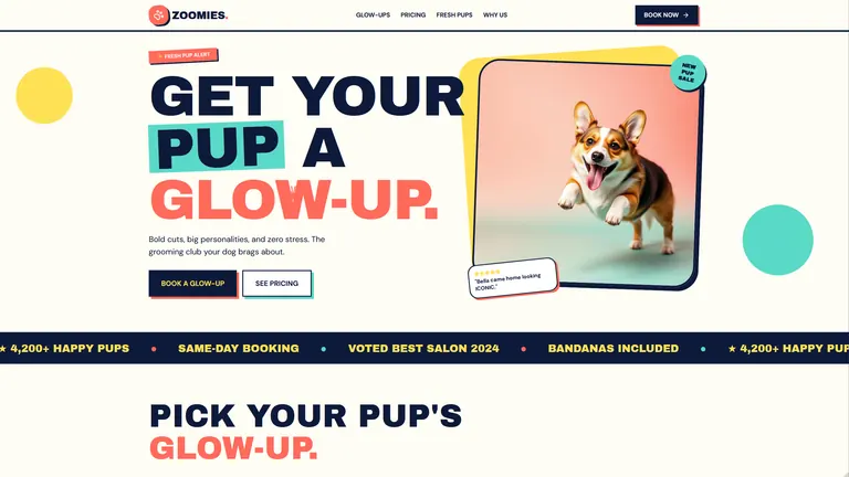 Zoomies Grooming Club playful dog grooming website style screenshot